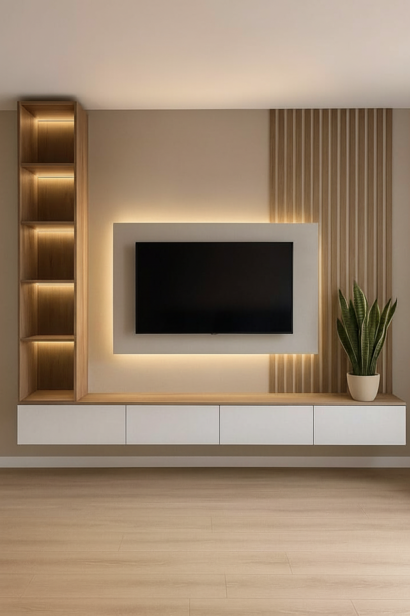 Modern TV Unit with Vertical Slat Panel