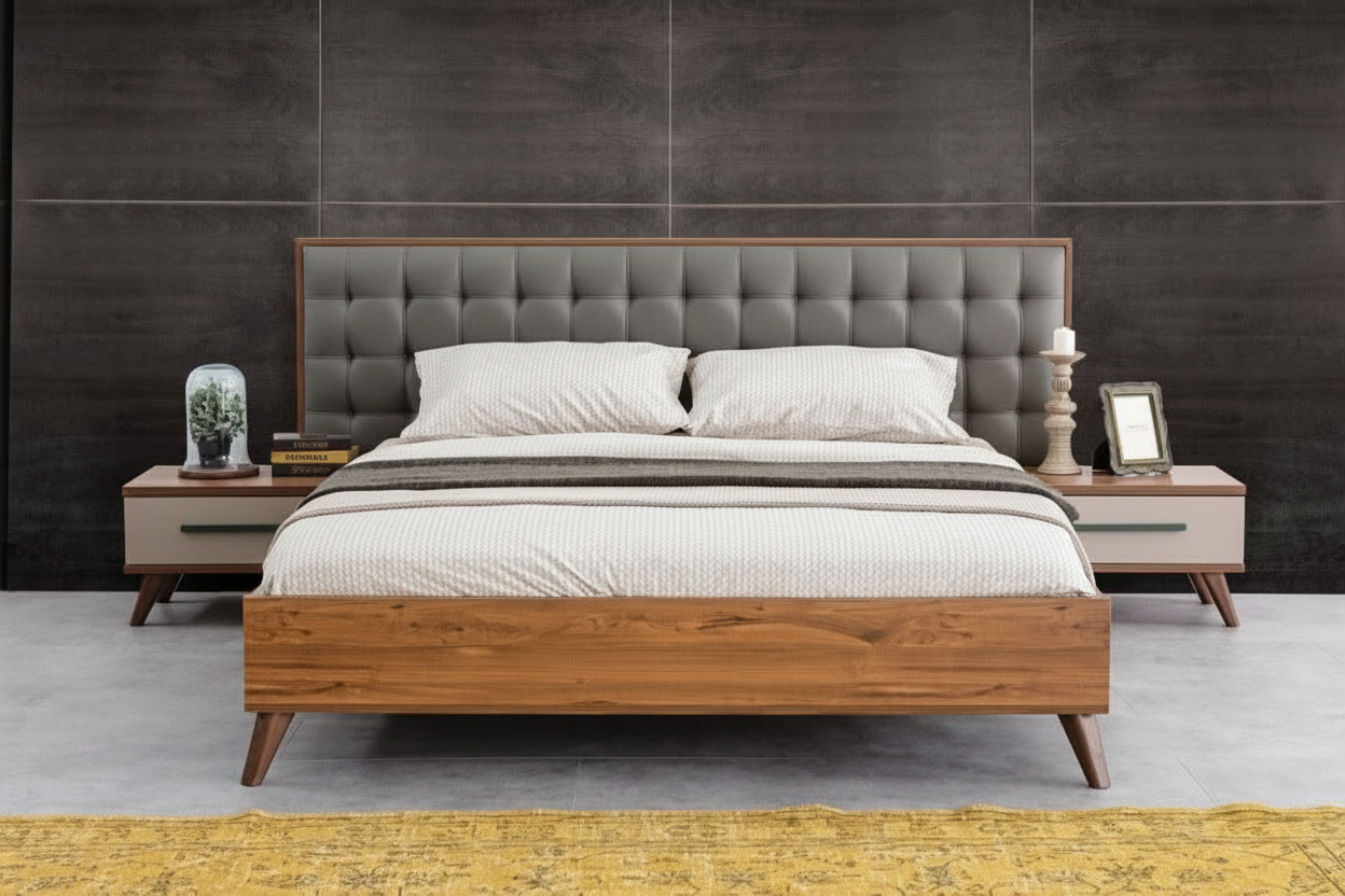 Luxury MDF Bed with Leather Tufted Headboard