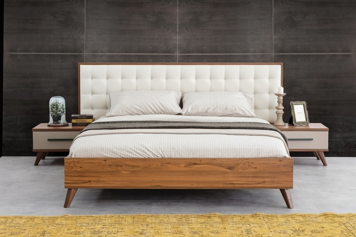 Luxury MDF Bed with Leather Tufted Headboard
