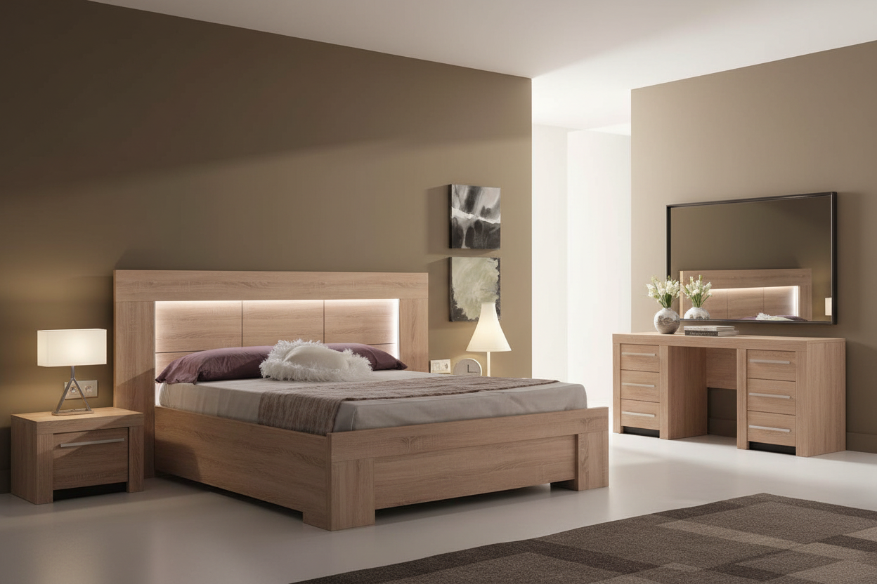 Nova Crest Bed Set — LED Profile with Two Side Tables & Dressing Table