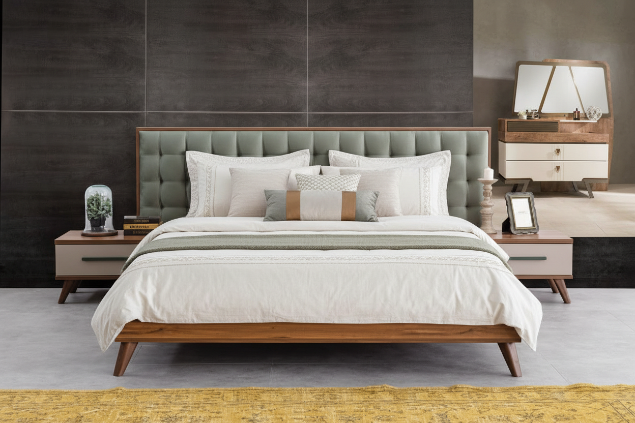 Luxury MDF Bed with Leather Tufted Headboard