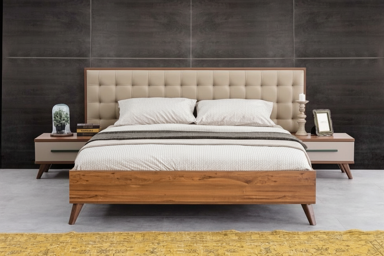 Luxury MDF Bed with Leather Tufted Headboard