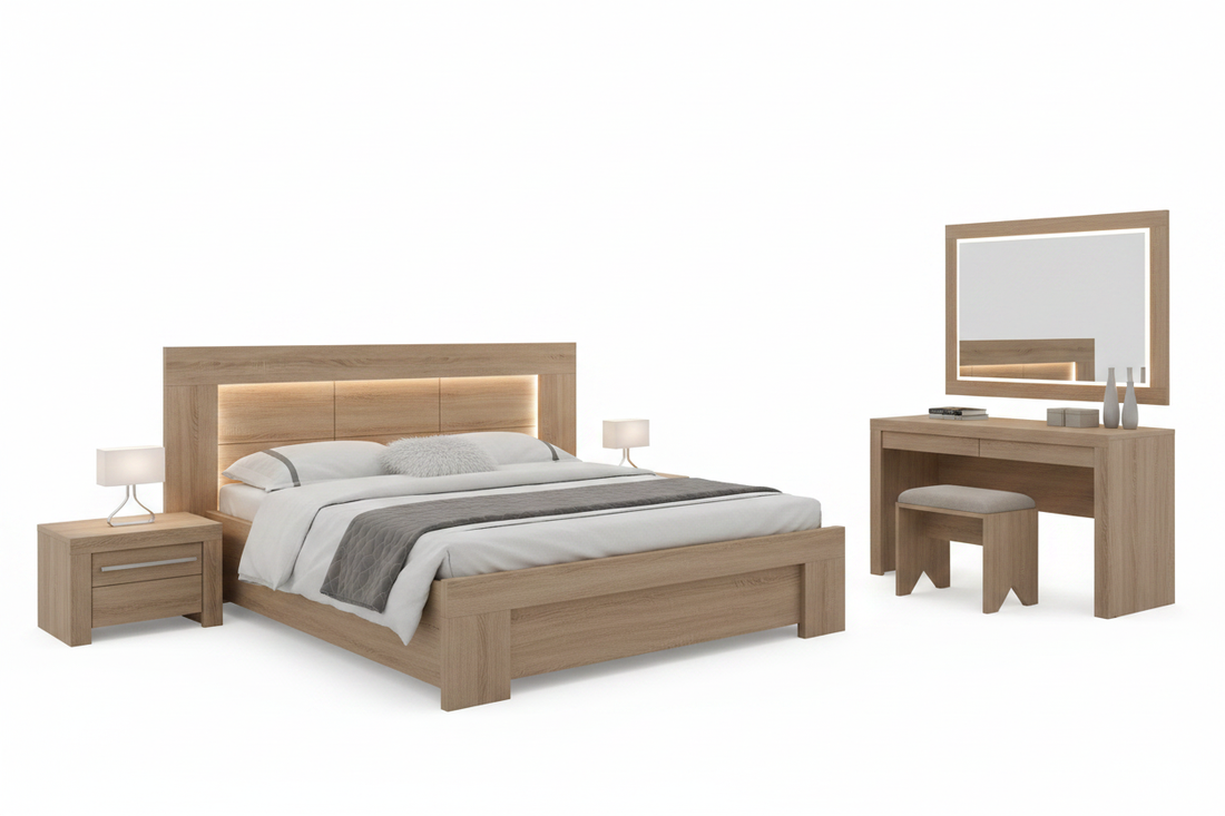 Nova Crest Bed Set — LED Profile with Two Side Tables & Dressing Table