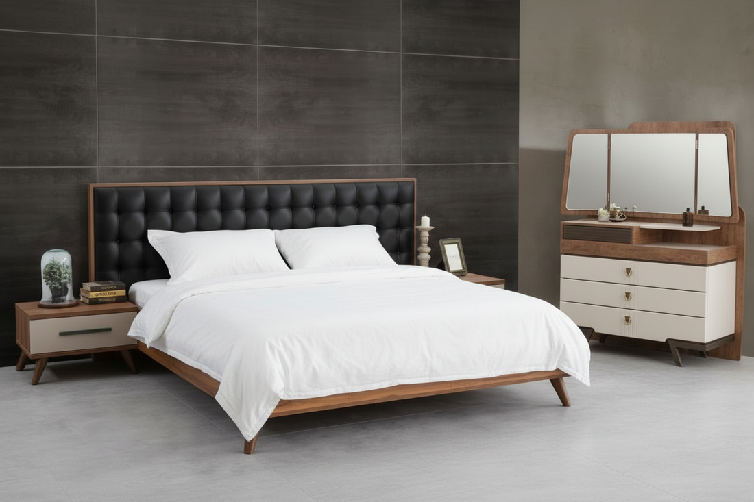 Luxury MDF Bed with Leather Tufted Headboard