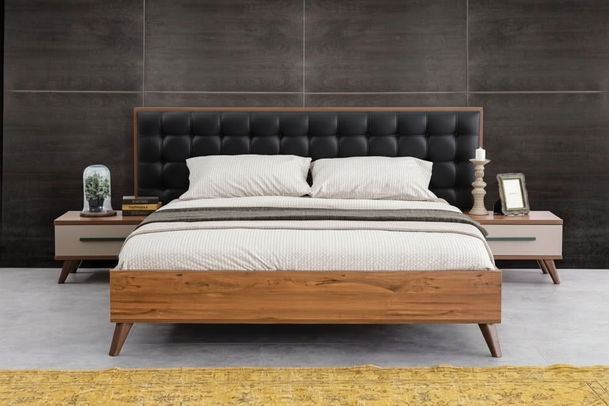 Luxury MDF Bed with Leather Tufted Headboard