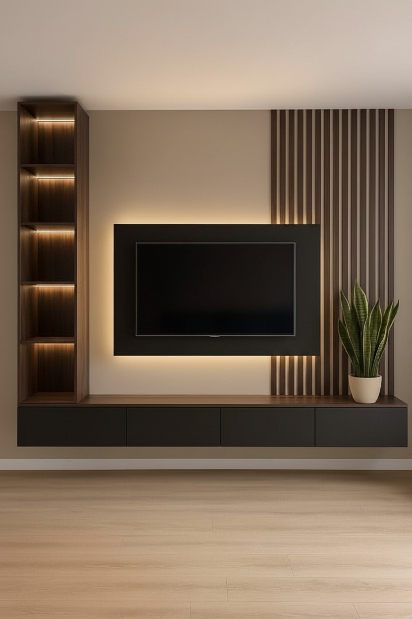 Modern TV Unit with Vertical Slat Panel