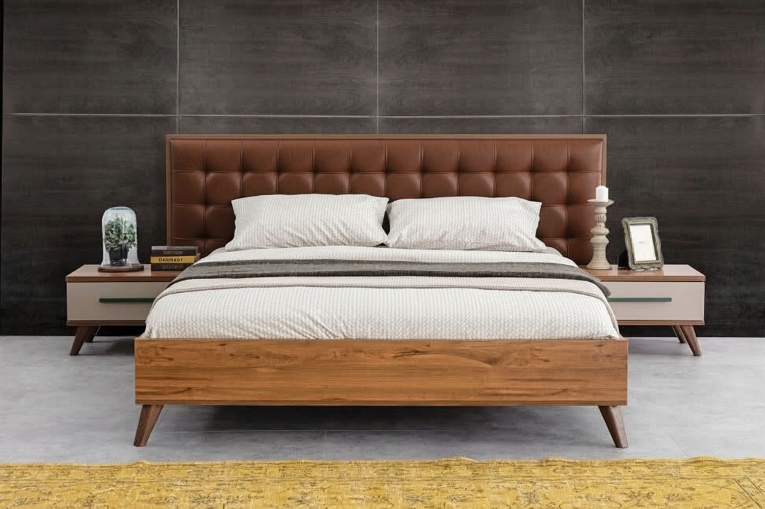 Luxury MDF Bed with Leather Tufted Headboard
