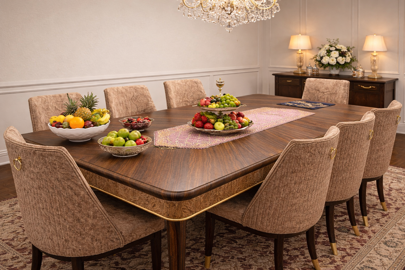 8 Seater Luxury Dining Table Set – Solid Wood with Upholstered Chairs