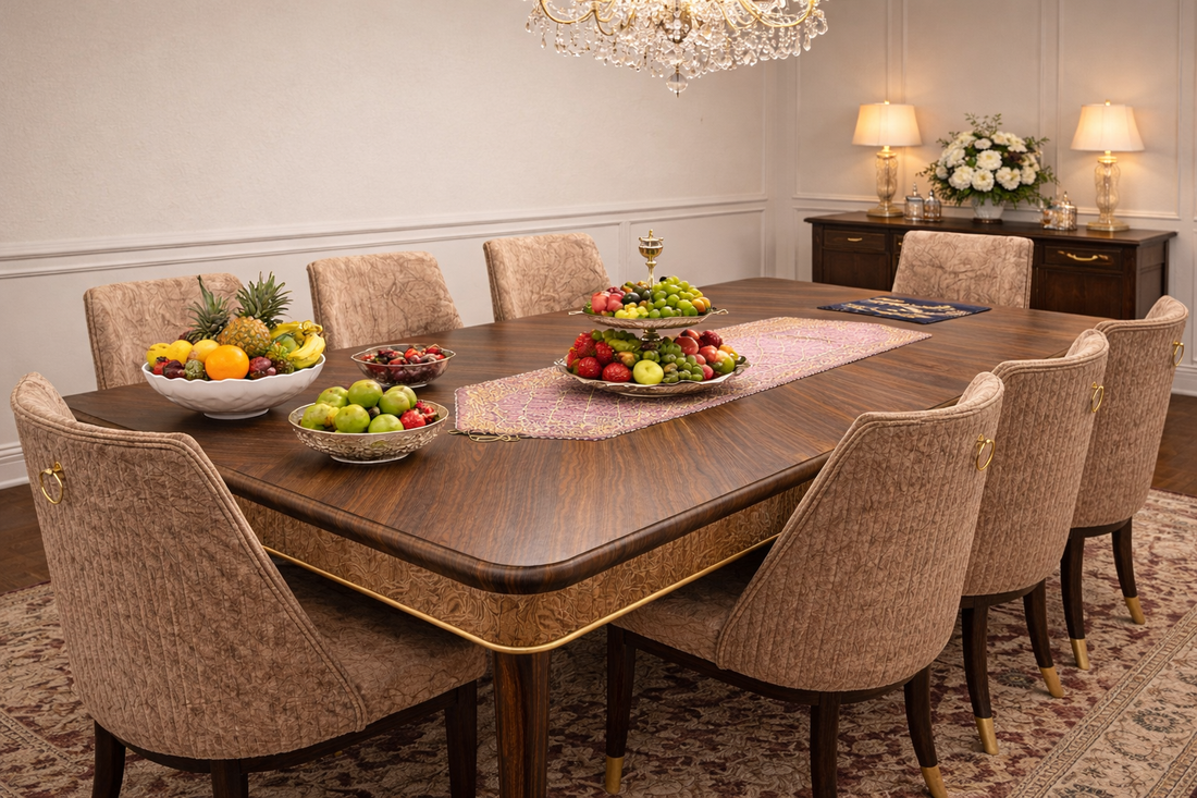 8 Seater Luxury Dining Table Set – Solid Wood with Upholstered Chairs