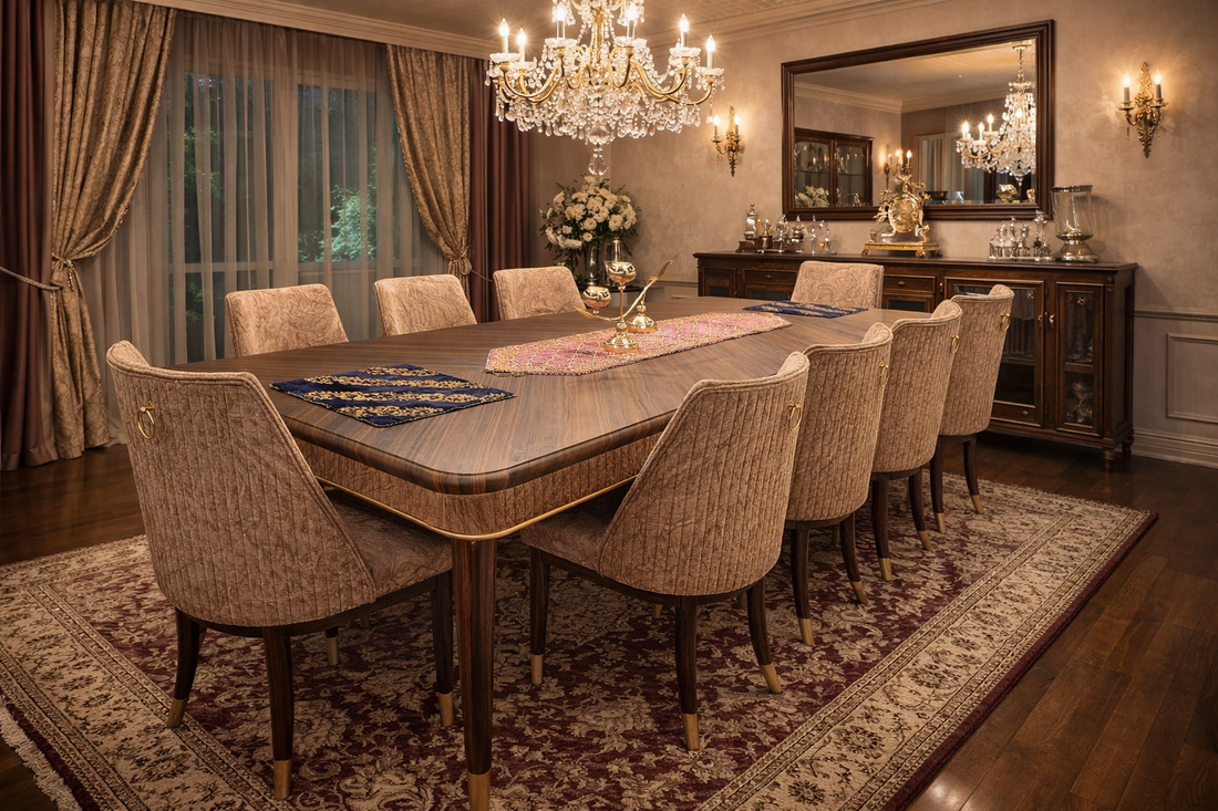 8 Seater Luxury Dining Table Set – Solid Wood with Upholstered Chairs