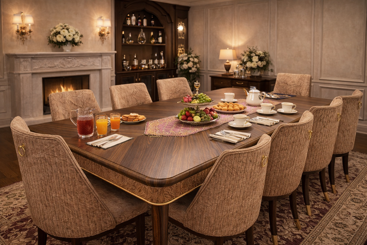 8 Seater Luxury Dining Table Set – Solid Wood with Upholstered Chairs